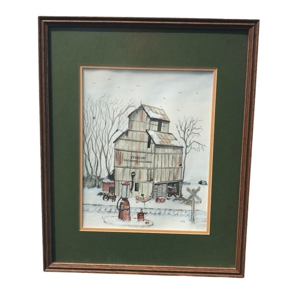 Art Original Vintage Lmh Watercolor Framed Kennebec Grain Elevator